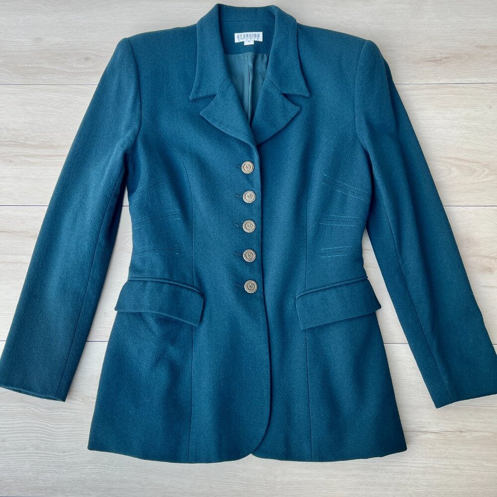 Vintage 80s Georgiou Studio Worsted Wool USA Made Teal Tailored Blazer Size 6